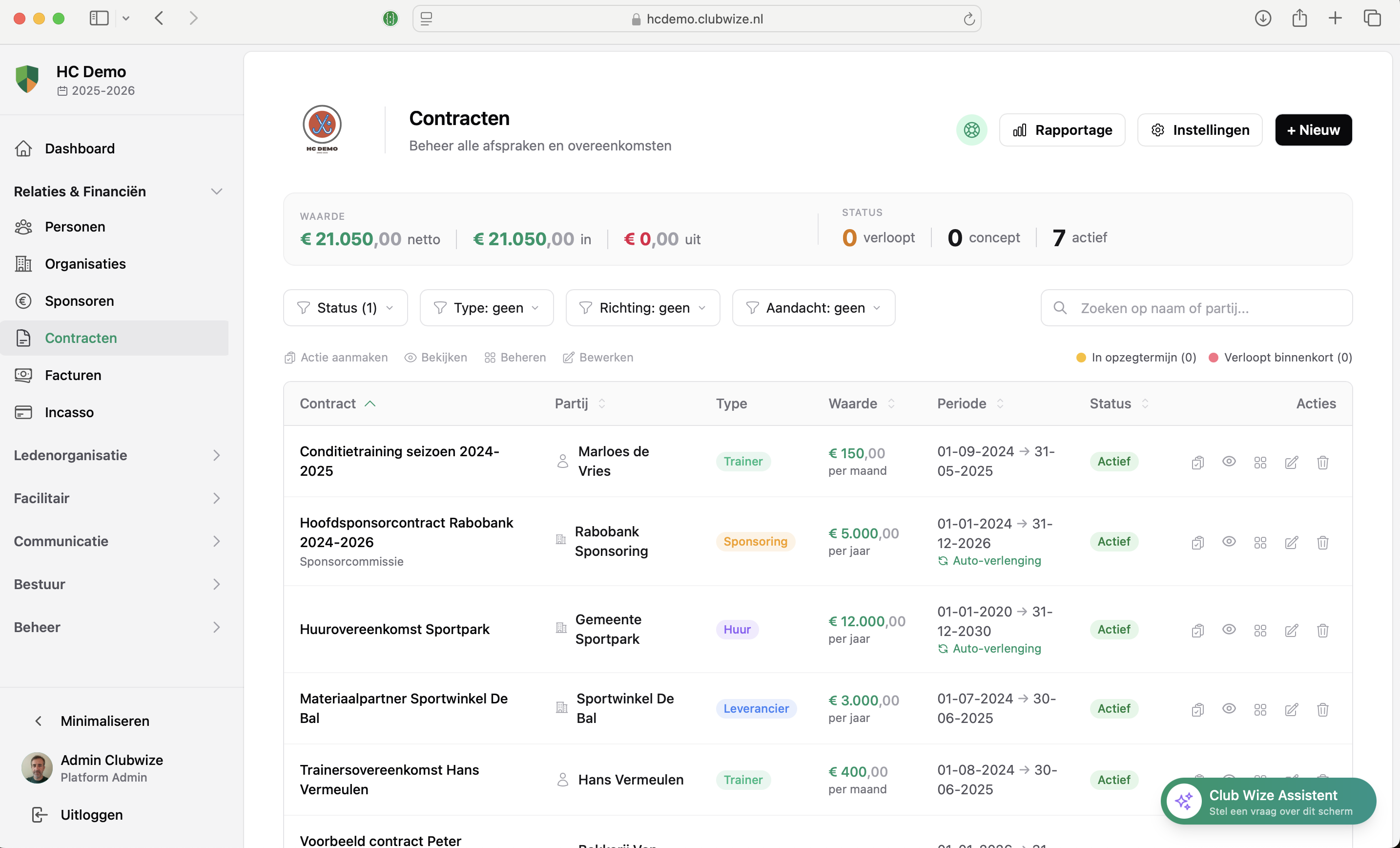 Contractenbeheer met overzicht van status, partijen en waarde