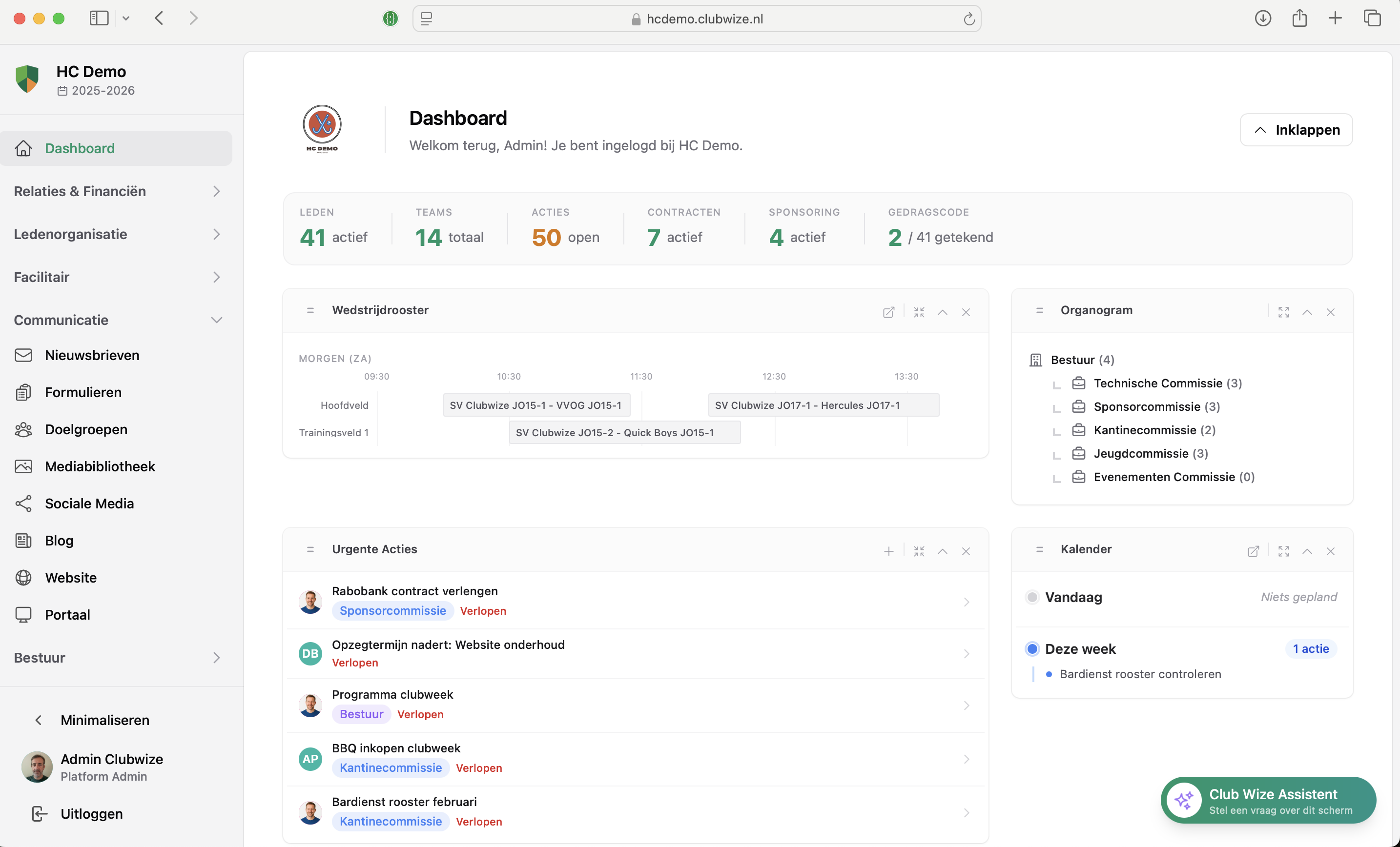 Club Wize dashboard met widgets, acties en organogram
