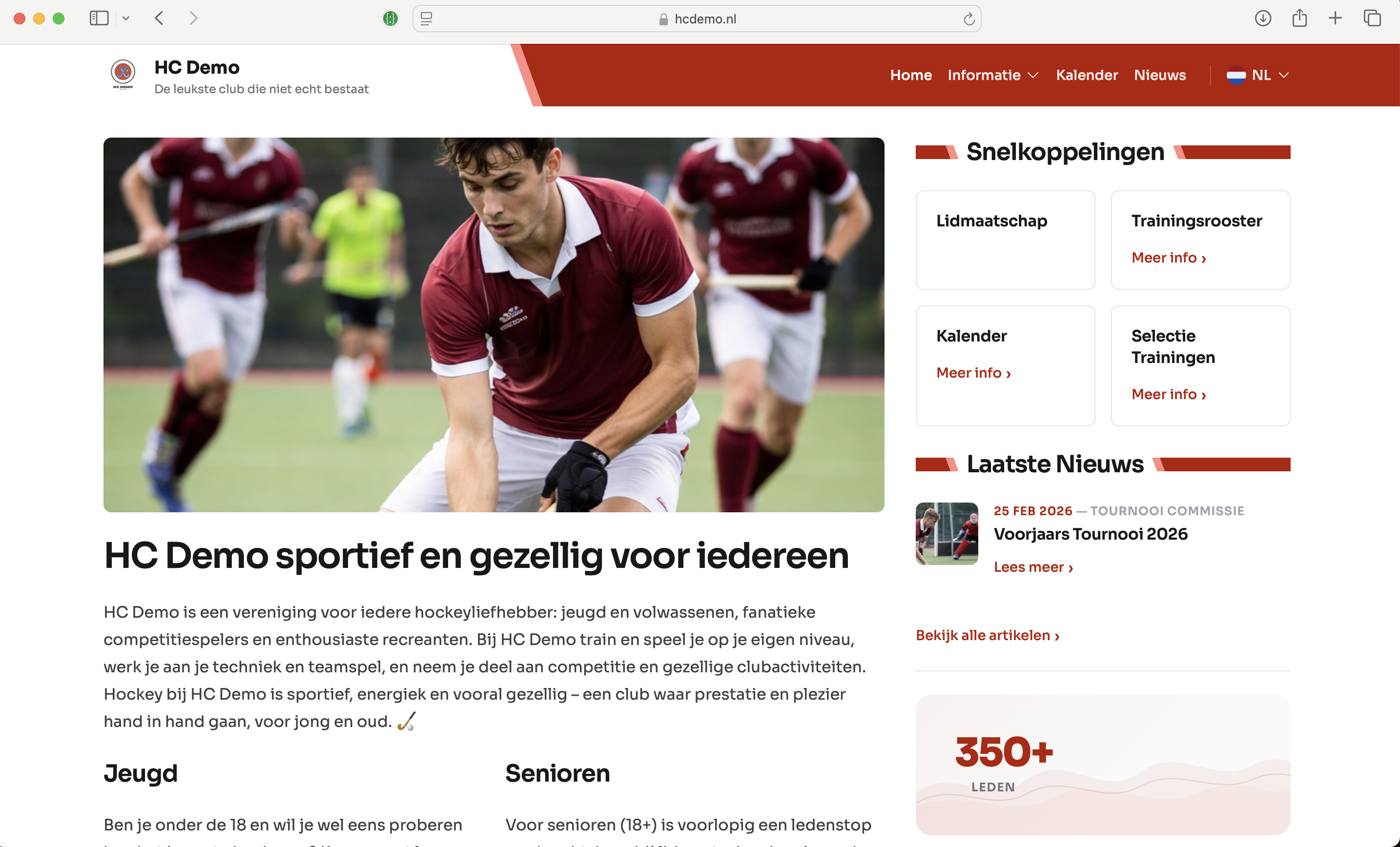 Publieke clubwebsite met nieuws, snelkoppelingen en ledeninformatie