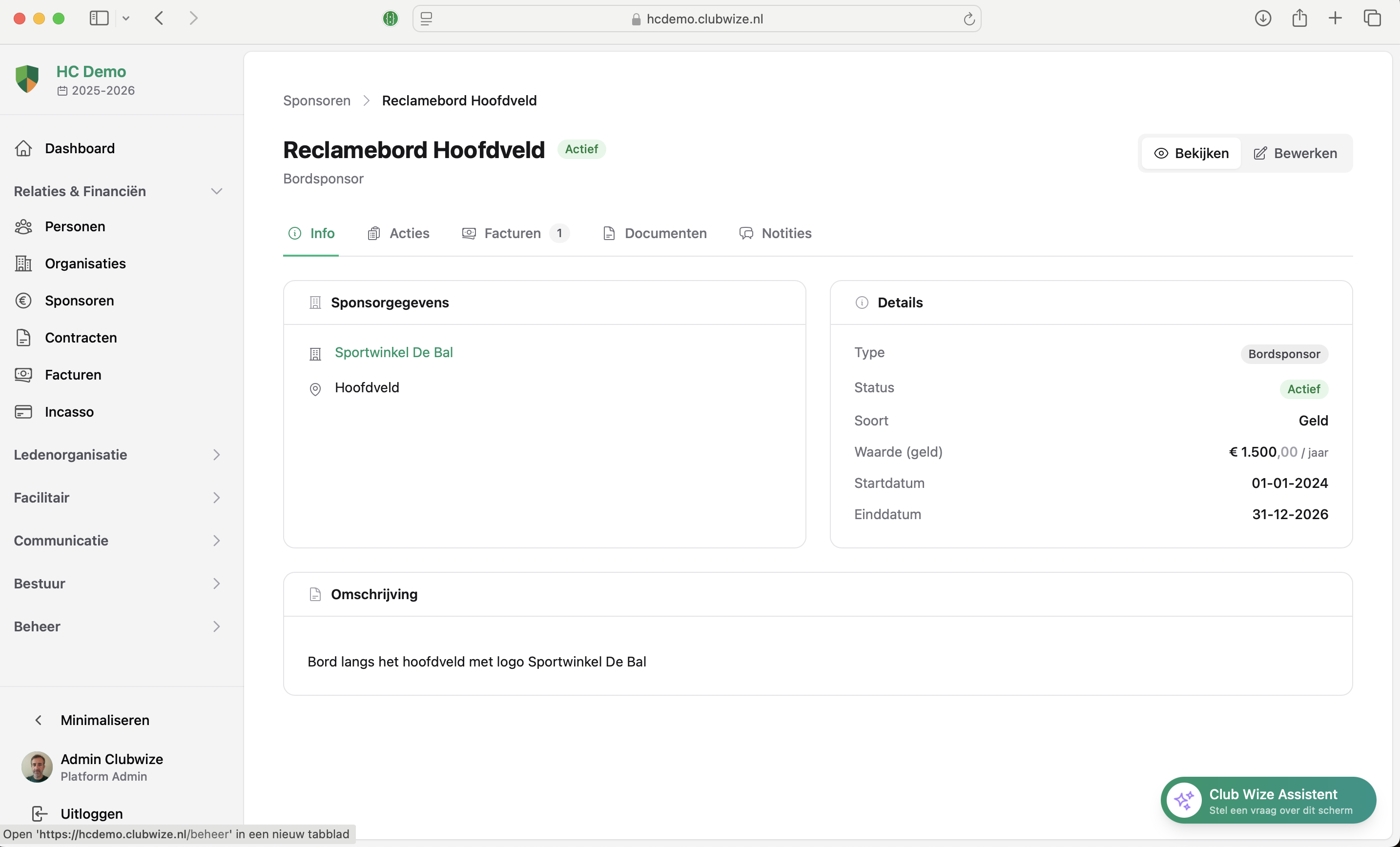 Sponsoring detailpagina met gegevens, facturatie en documenten
