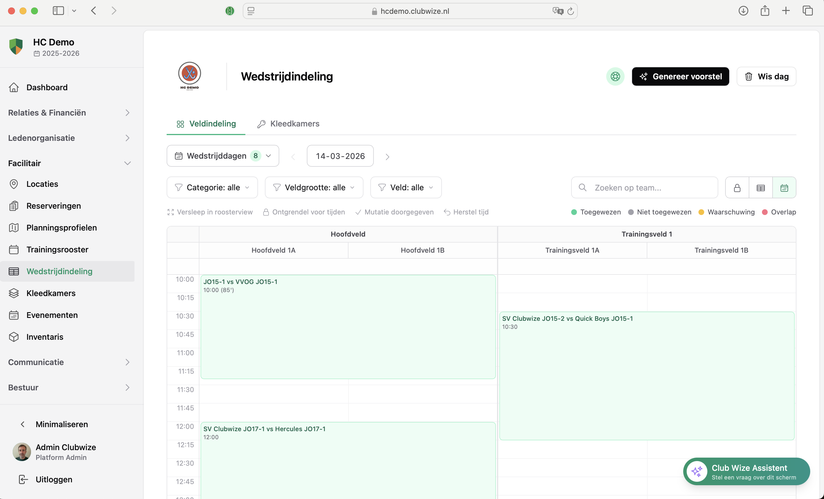 Wedstrijdindeling met veldplanning en kleedkamertoewijzing