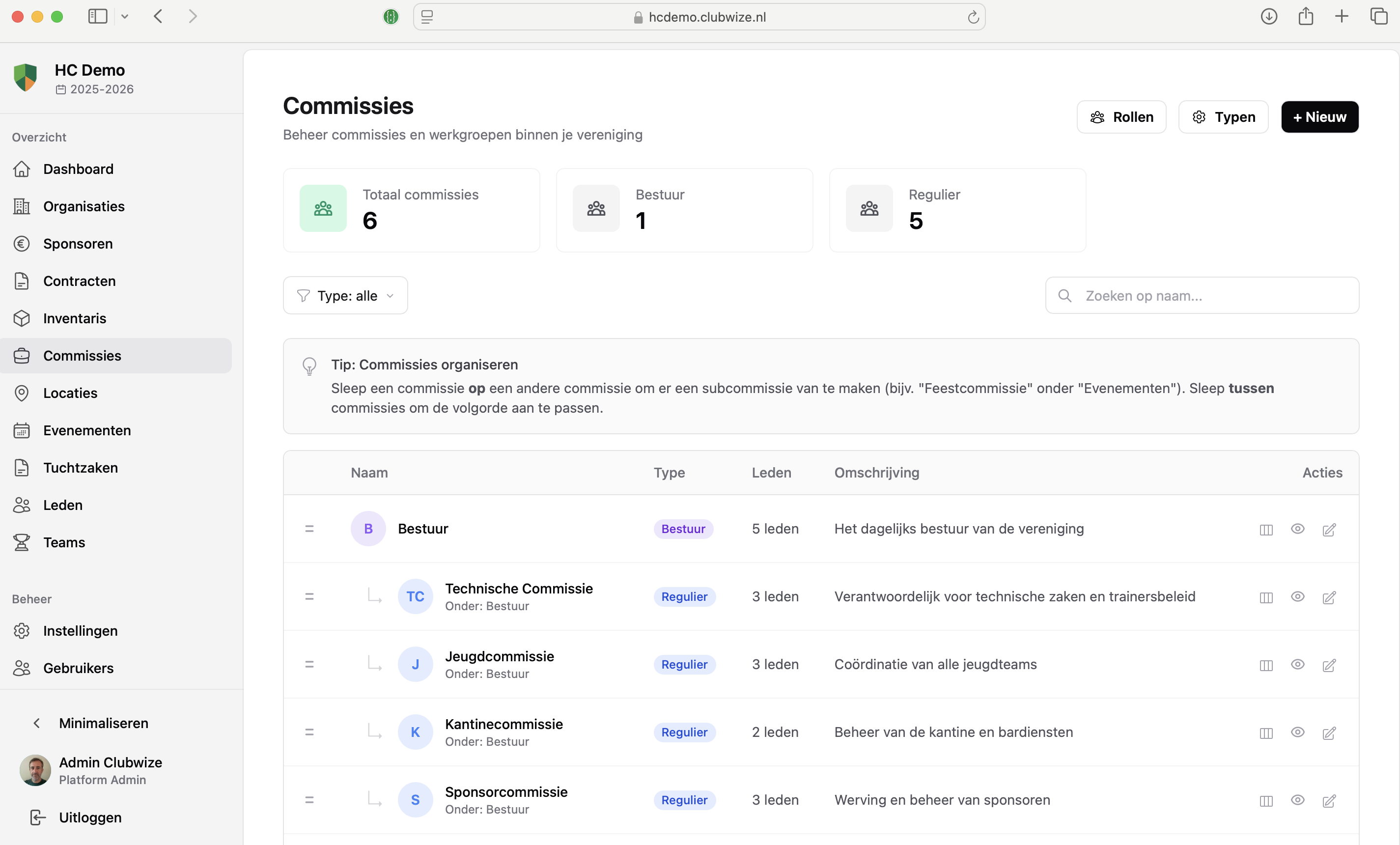 Clubwize dashboard