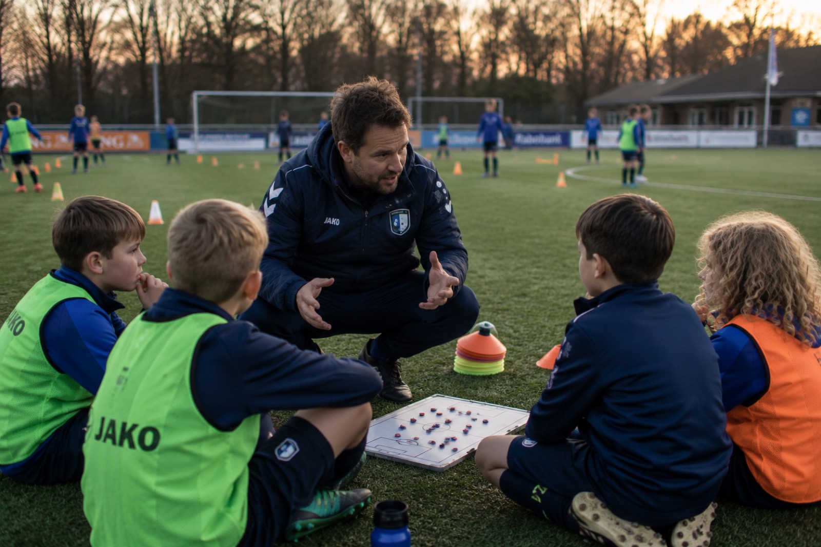 Iemand pakt hesjes uit een tas langs het veld terwijl kinderen trainen op de achtergrond