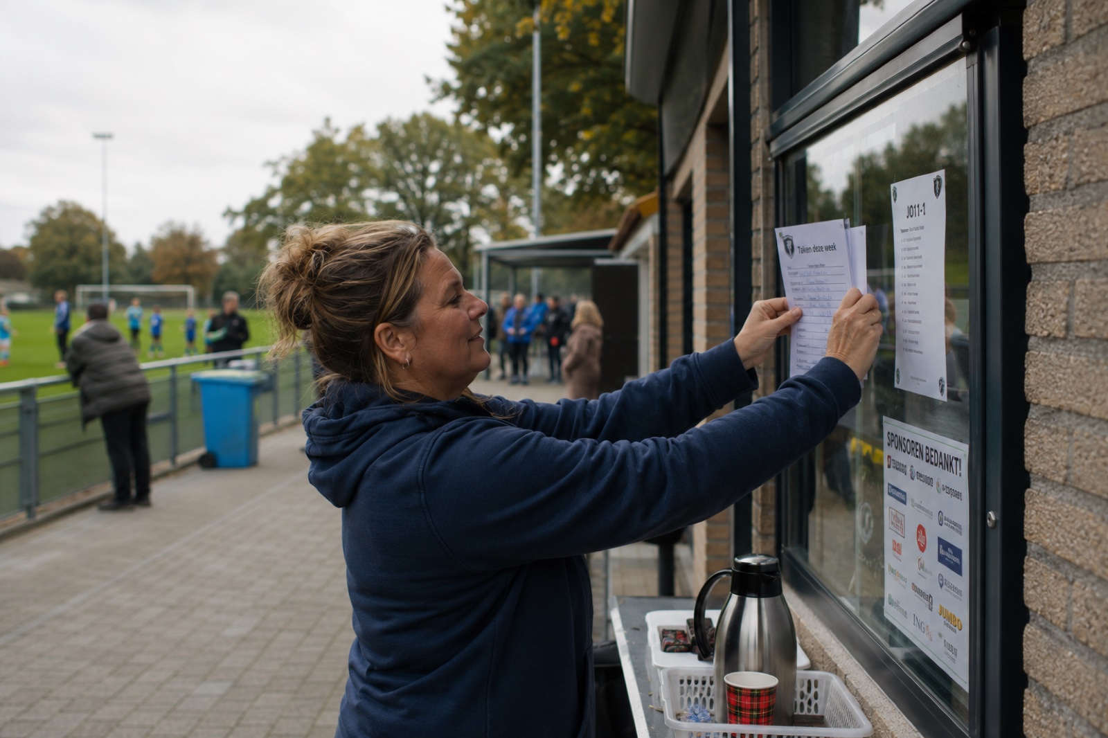 Iemand hangt een lijst met taken van de week op een prikbord bij het veld